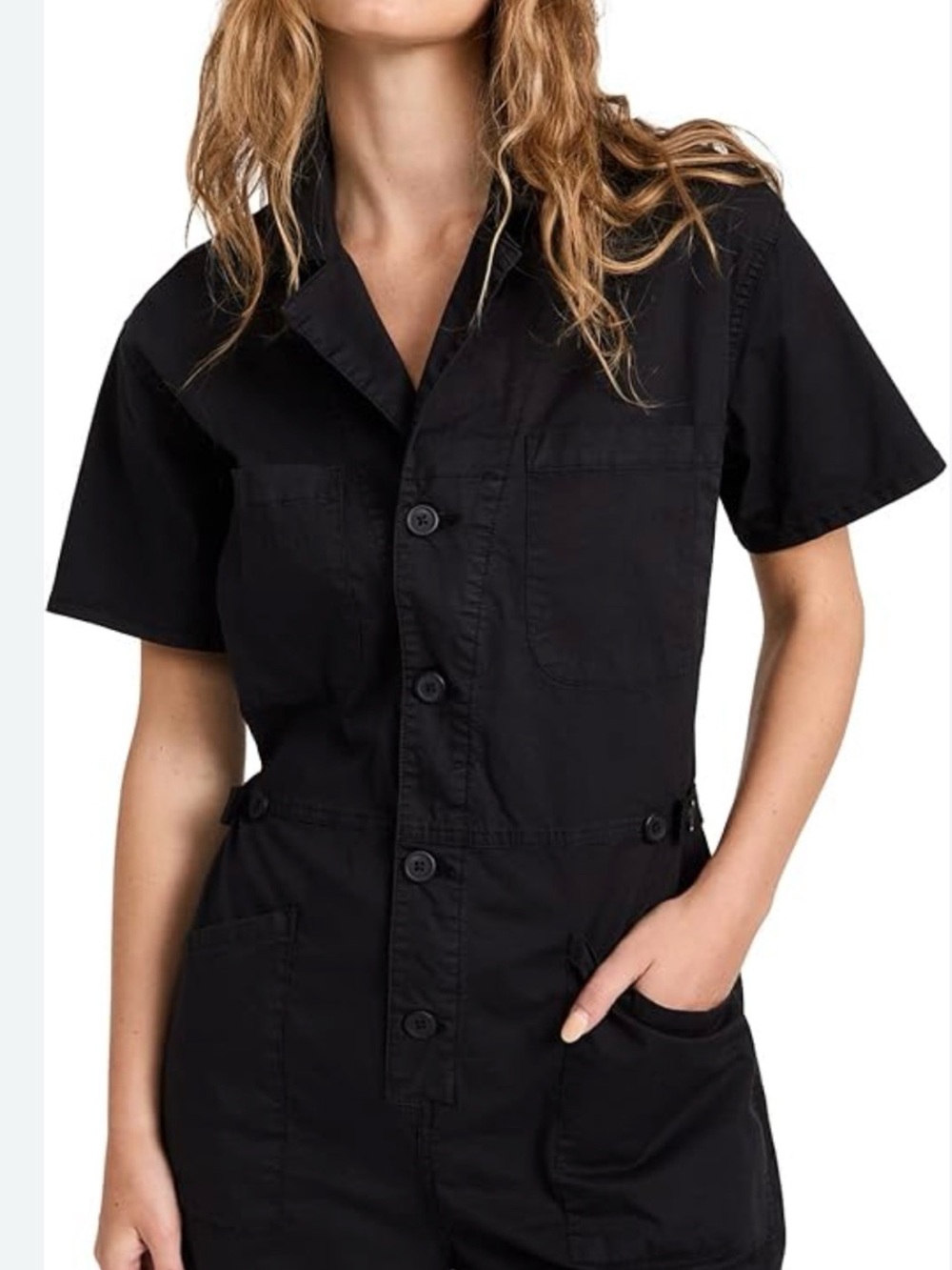 Women's Black Short-Sleeve Utility Jumpsuit Jacket Cotton Pistola